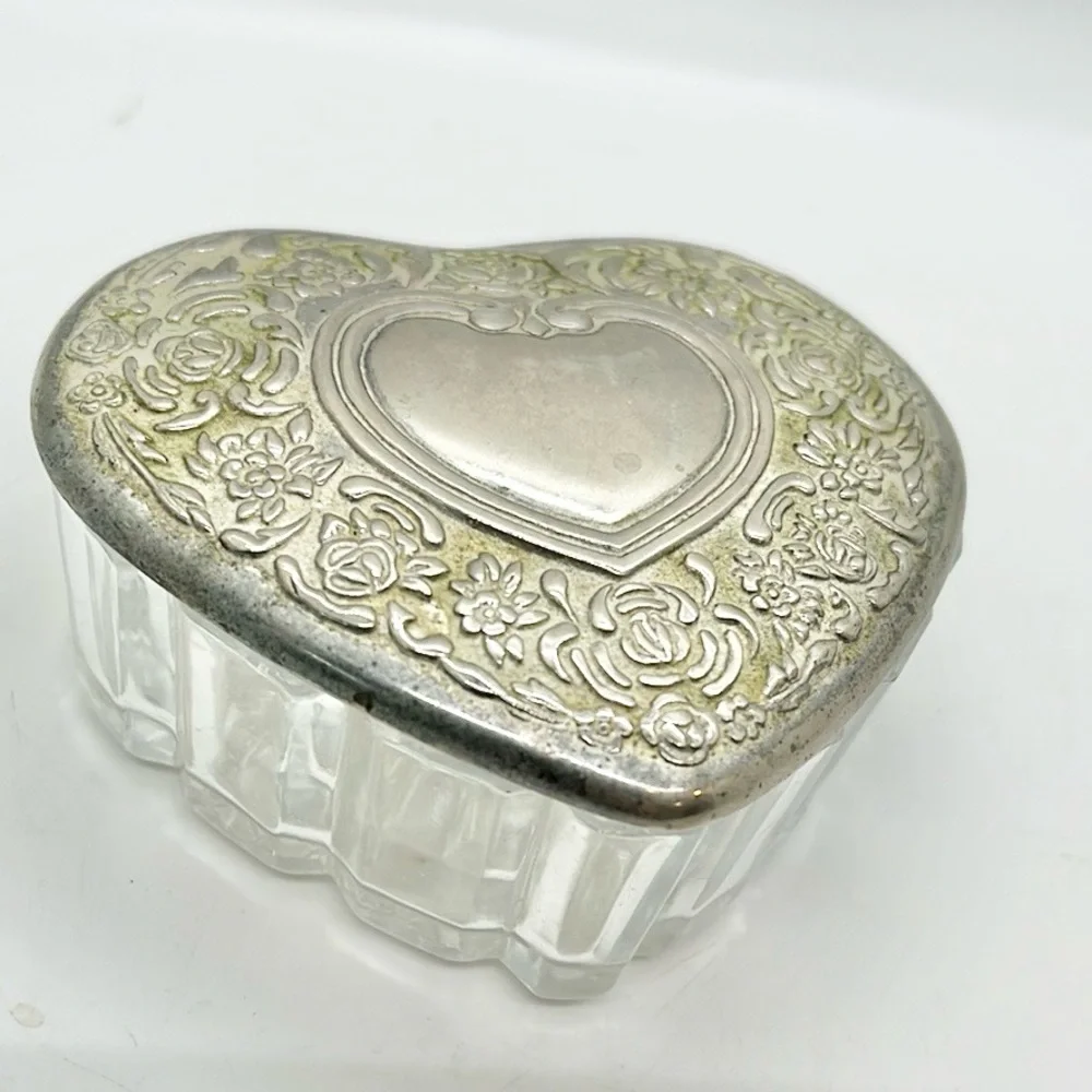 Vintage Heart-Shaped Silver and Glass Jewelry Trinket Box Ring Box cottage core